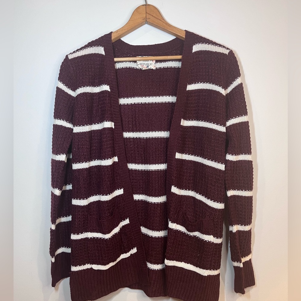 Pink republic women’s burgundy/white knit, open cardigan, sweater, size medium